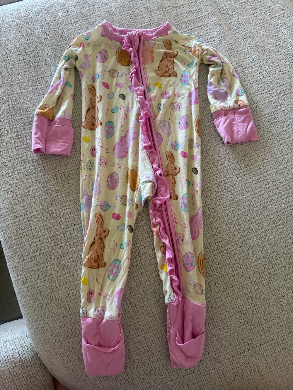 Girls Pink Bunny & Easter Egg Ruffle Footed One-Piece Pajamas